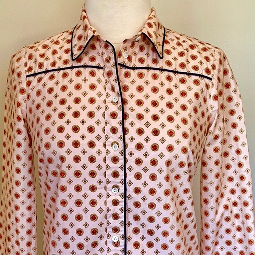 J. Crew Pink Red Gold Geometric SZ 2 Modern Contemporary Preppy Retro Office Top - Picture 2 of 10
